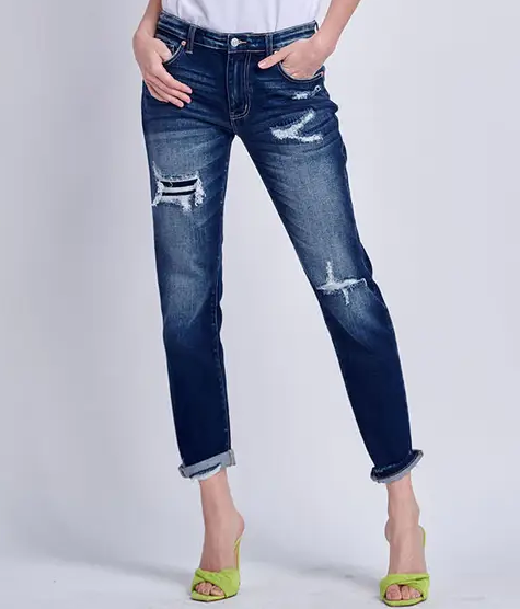MID RISE STRETCH BOYFRIEND WITH DOUBLE CUFF & REPAIR PATCH - 13/30