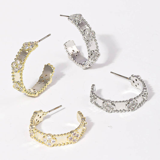 CZ Clover 14K Plated Hoop Post Earrings
