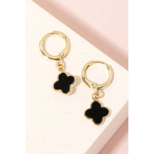 Gold Dipped Clover Charm Dangle Earrings- Black
