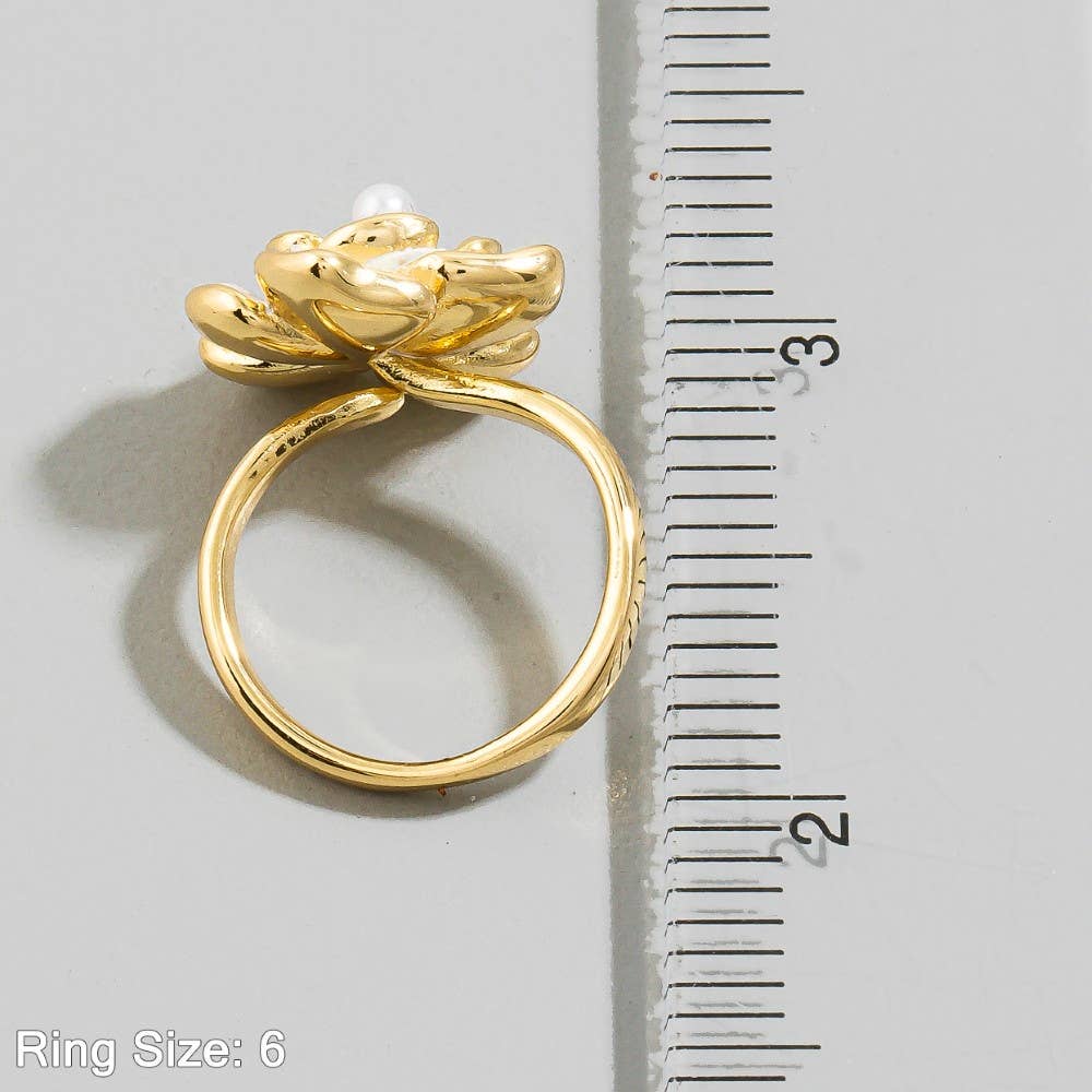Large Enamel Rose Flower Ring With Pearl Center