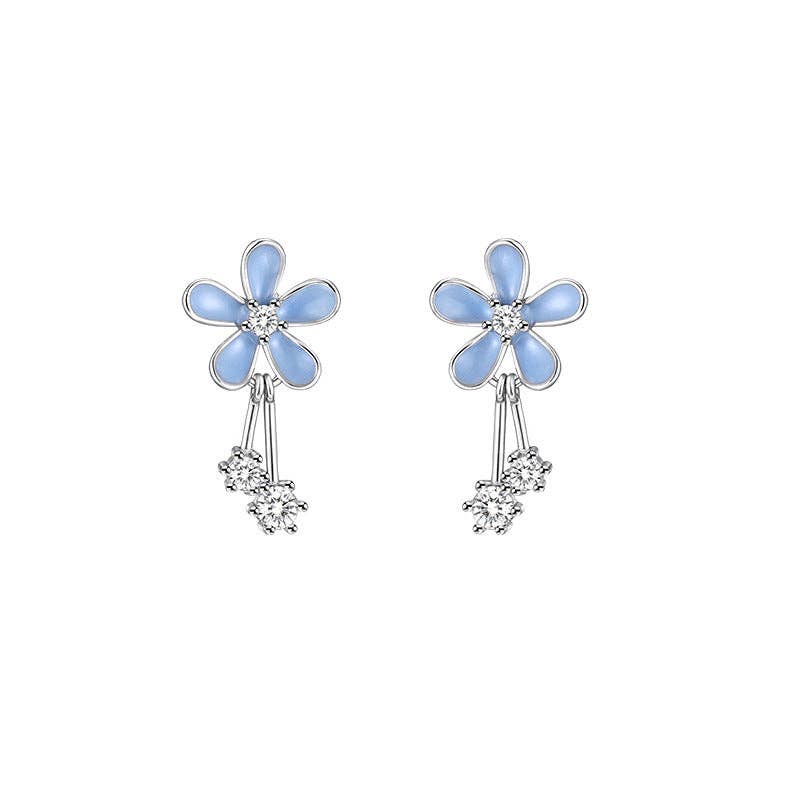 Blue Enamel Flower Stud Drop Earrings in 925 Sterling Silver