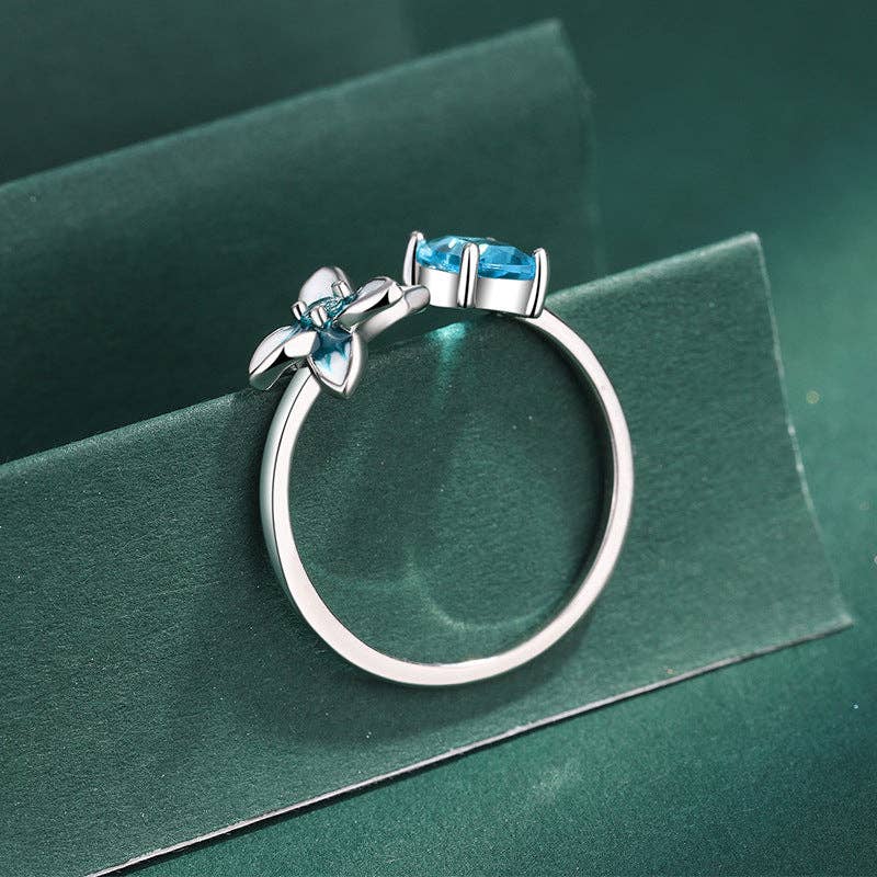 Blue Enamel Flower Stacking Band Ring in 925 Sterling Silver