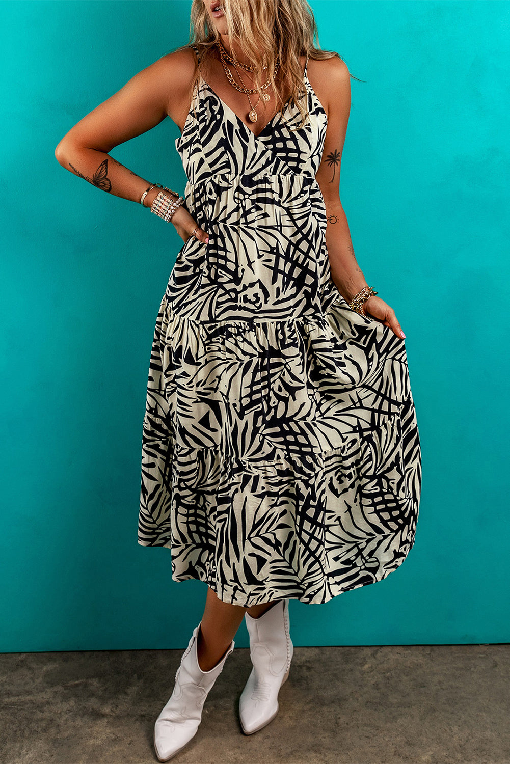 Khaki Tropical Palm Print Wrapped V Neck Spaghetti Straps Tiered Dress Ooh La La Boutique Khaki Tropical Palm Print Wrapped V Neck Spaghetti Straps Tiered Dress Ooh La La Boutique
