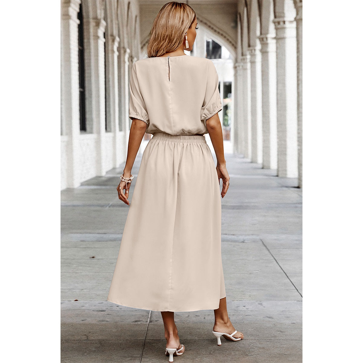 Two Pieces Solid Color Loose Puff Sleeve Pleated Sets