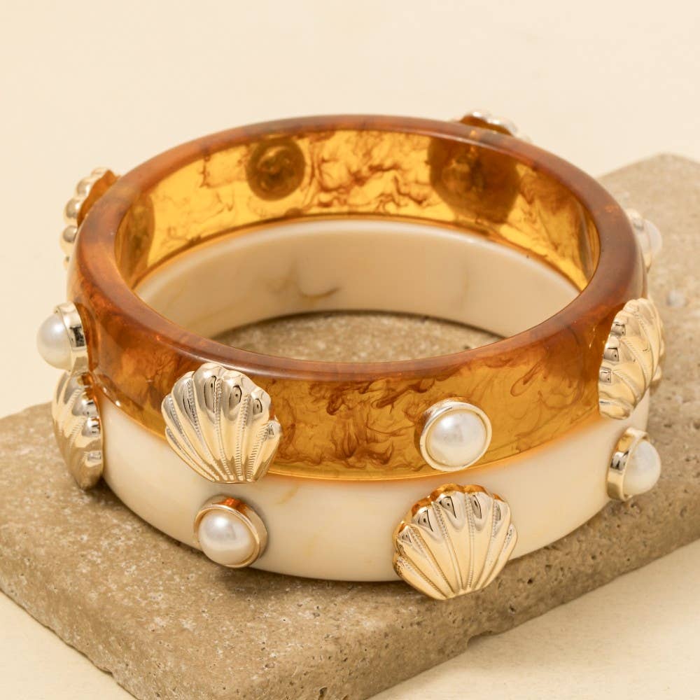 Pearl And Shell Stud Marble Resin Bangle Bracelet