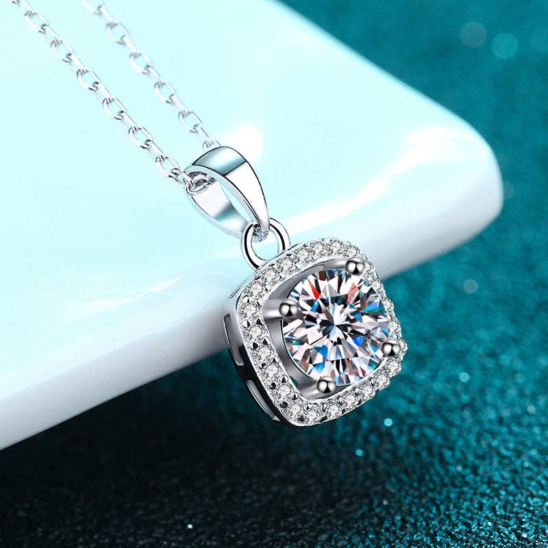 Four-Prong Halo Moissanite Necklace in 925 Sterling Silver