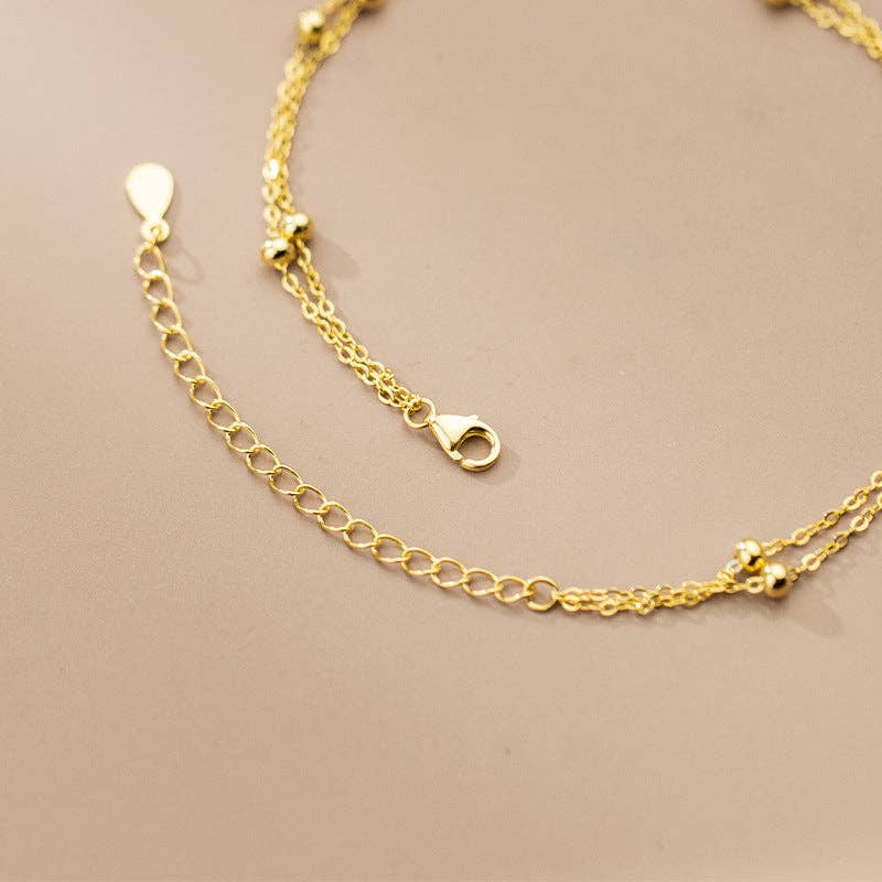 Dainty Bead Double Chain Anklet in 925 Sterling Silver
