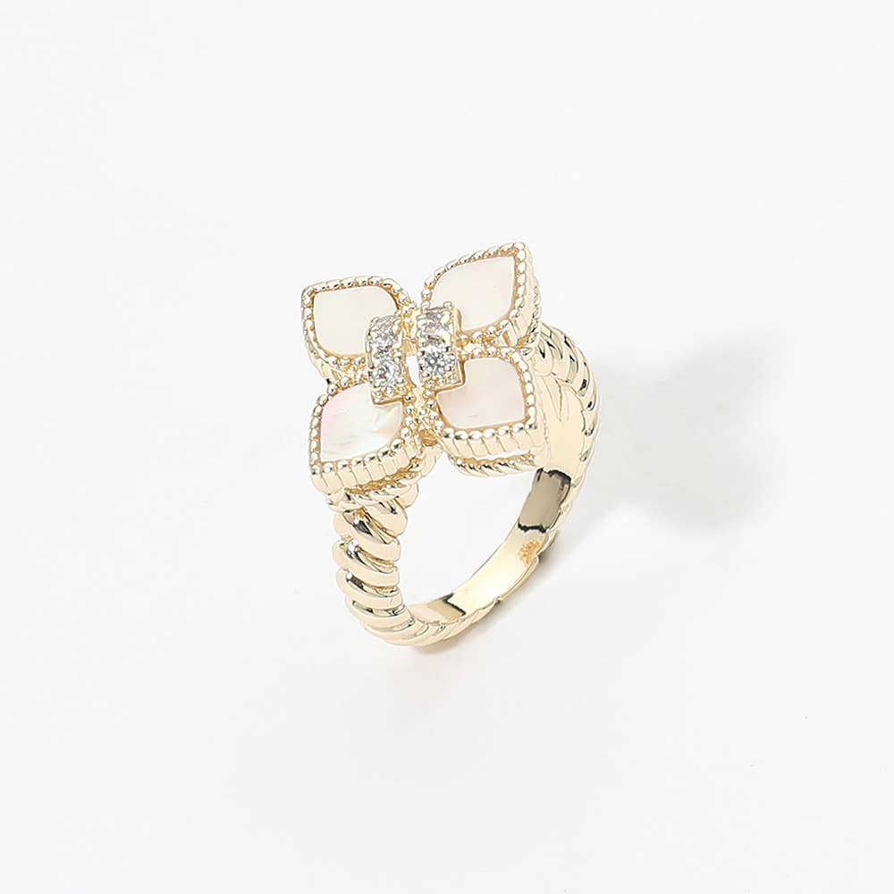 14K Gold Plated CZ Center Mother of Pearl Flower Accent Ring