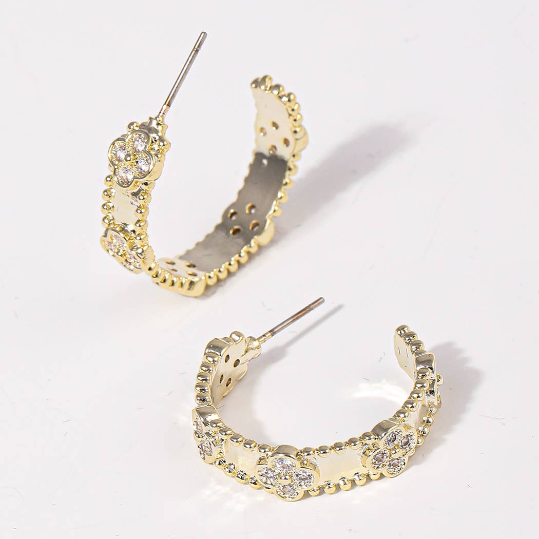 CZ Clover 14K Plated Hoop Post Earrings