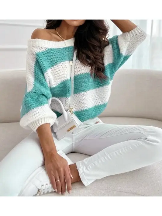 3/4 sleeve striped knit sweater.