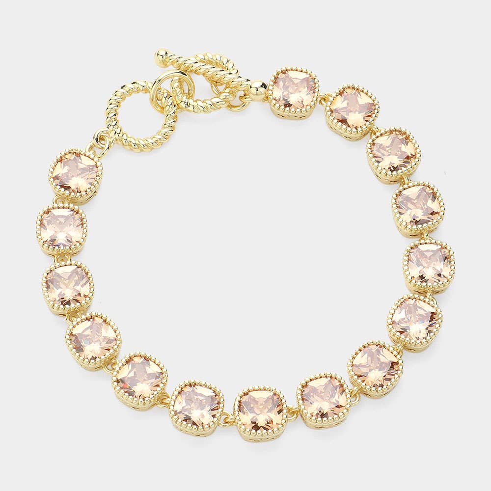 14K Gold Plated Square CZ Stone Link Evening Toggle Bracelet