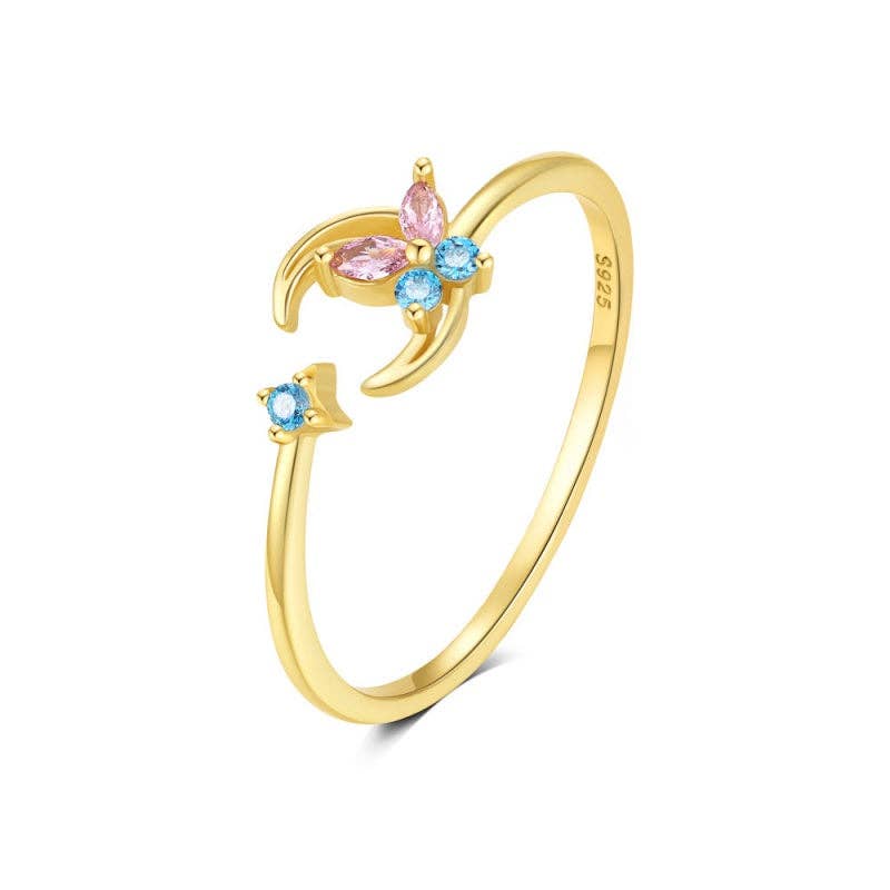 Gold Butterfly Moon Star CZ Open Ring in 925 Sterling Silver