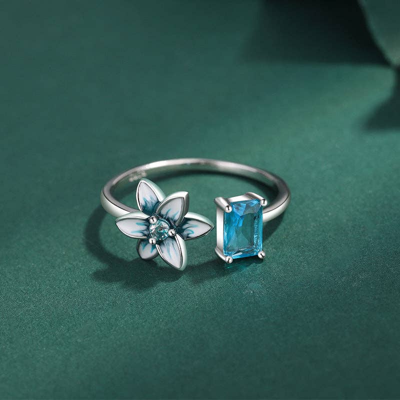 Blue Enamel Flower Stacking Band Ring in 925 Sterling Silver