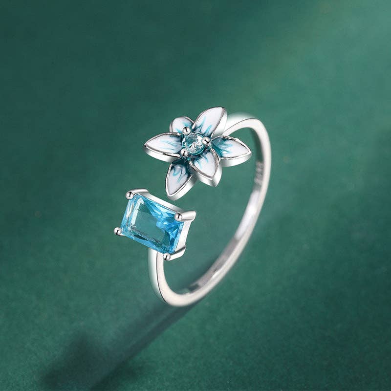 Blue Enamel Flower Stacking Band Ring in 925 Sterling Silver