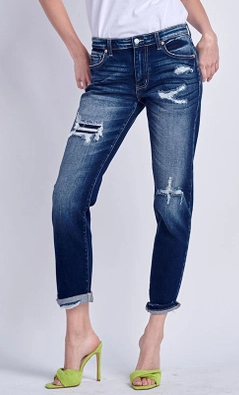 MID RISE STRETCH BOYFRIEND WITH DOUBLE CUFF & REPAIR PATCH - 13/30