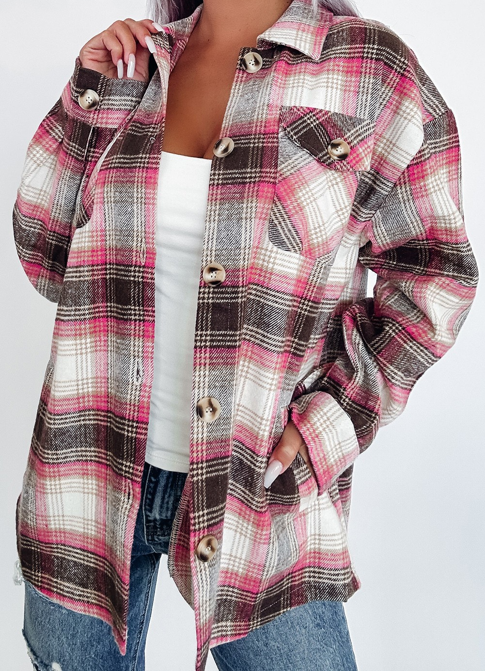 Pink Plaid Flap Pocket Button Up Shacket -X-Large