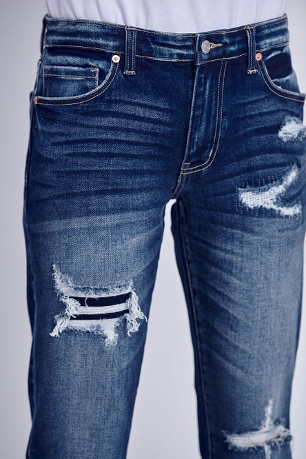 MID RISE STRETCH BOYFRIEND WITH DOUBLE CUFF & REPAIR PATCH - 13/30