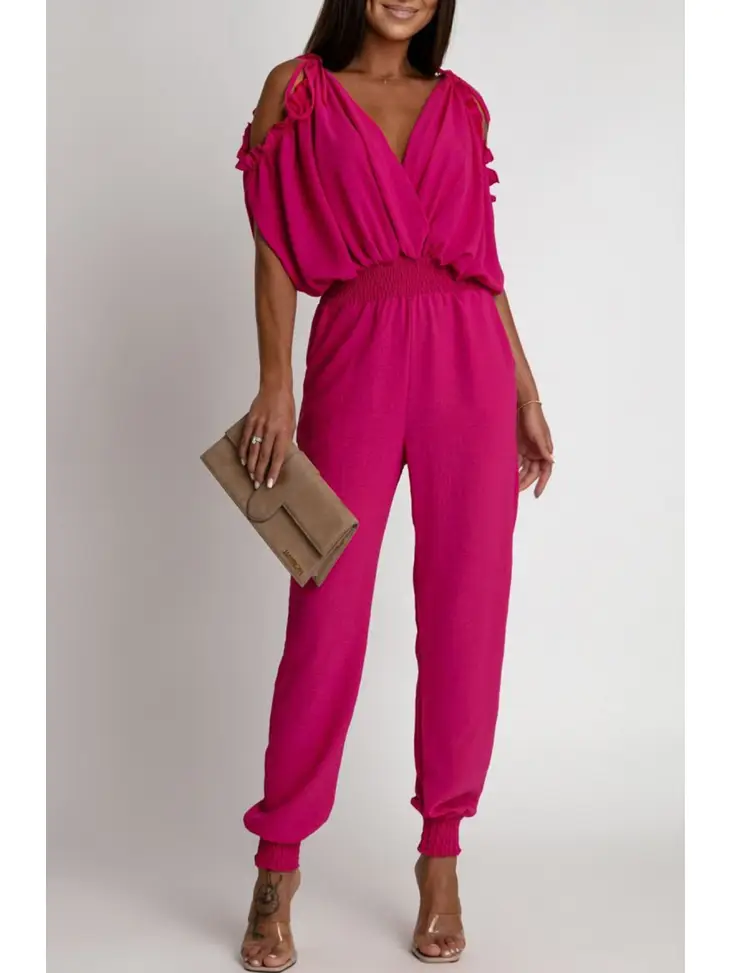 Azelia Cold Shoulder Jumpsuit-Hot Pink - Small - Size 8