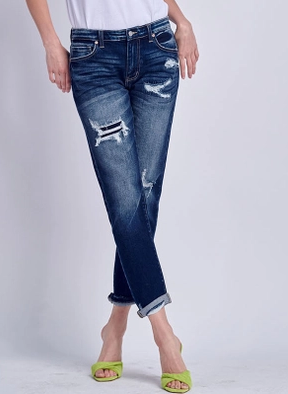 MID RISE STRETCH BOYFRIEND WITH DOUBLE CUFF & REPAIR PATCH - 13/30