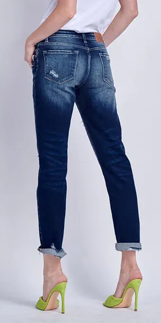 MID RISE STRETCH BOYFRIEND WITH DOUBLE CUFF & REPAIR PATCH - 13/30