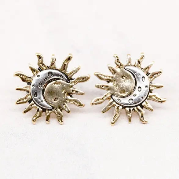 Sun and Moon Two Tone Plating Sunburst Post Stud Earrings