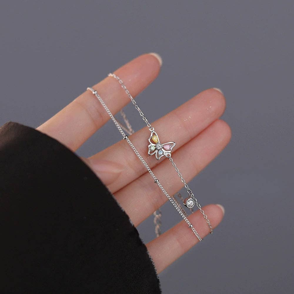Butterfly Bead Double Chain Bracelet in 925 Sterling Silver