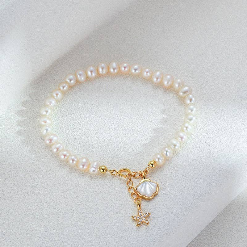 Seashell Starfish Pearl Bracelet in 925 Sterling Silver