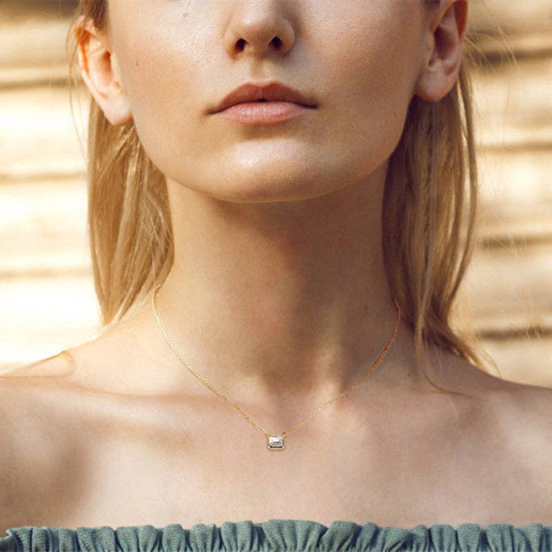 Emerald Cut Moissanite Charm Necklace in 925 Sterling Silver