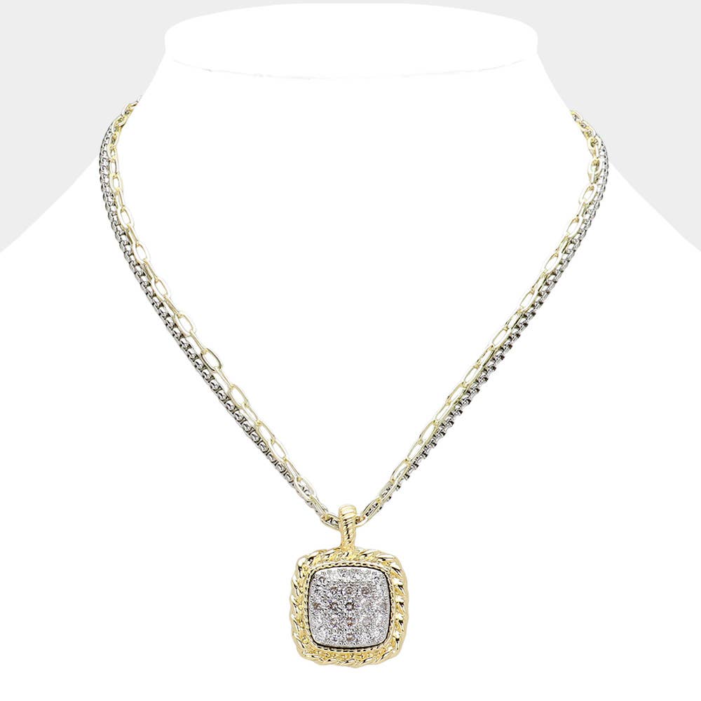 14K Gold Plated CZ Stone Paved Square Pendant Necklace