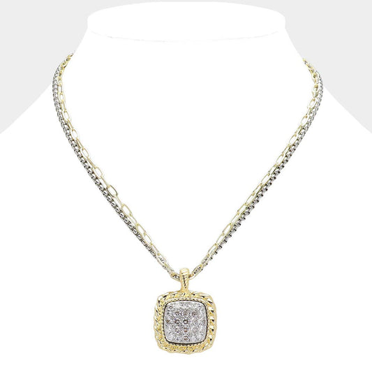 14K Gold Plated CZ Stone Paved Square Pendant Necklace