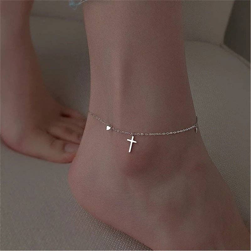 Dainty Cross Star Heart Charm Anklet in 925 Sterling Silver
