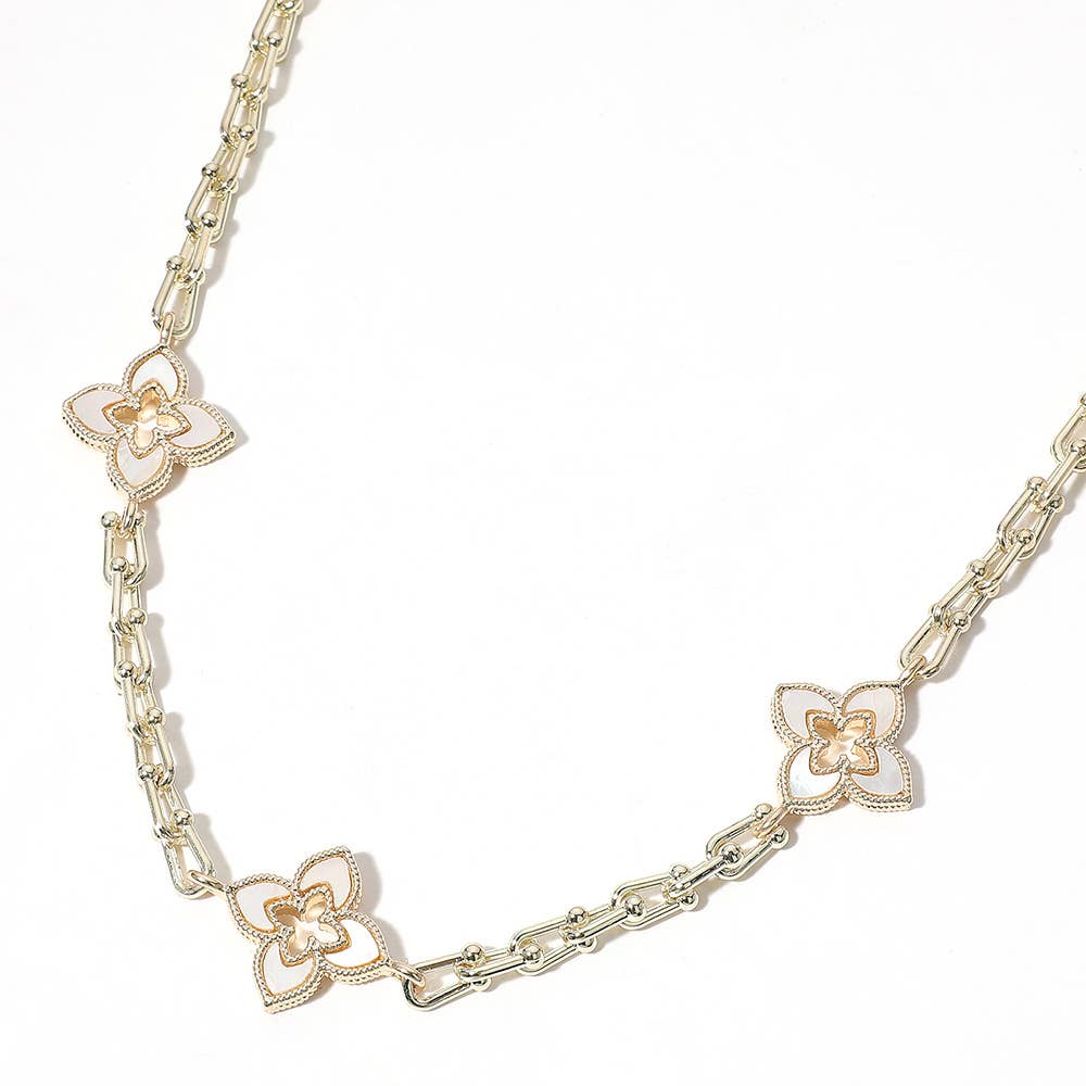 14K Gold Plated CZ Paved/Mother of Pearl Clover Necklace