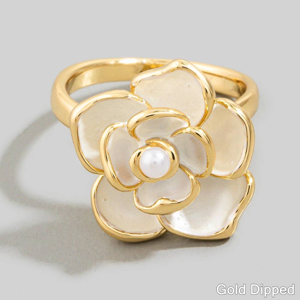 Large Enamel Rose Flower Ring With Pearl Center