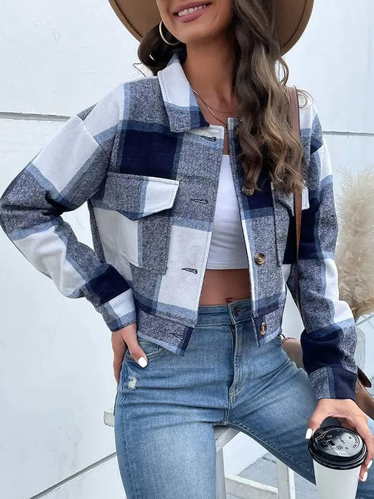 Cropped Plaid Cardigan Vintage Jacket Navy Blue