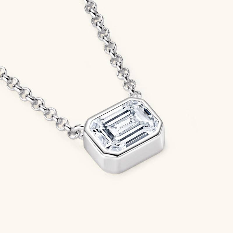 Emerald Cut Moissanite Charm Necklace in 925 Sterling Silver