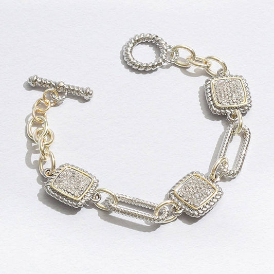 Mixed Chain and CZ Square Charms Toggle Bracelet