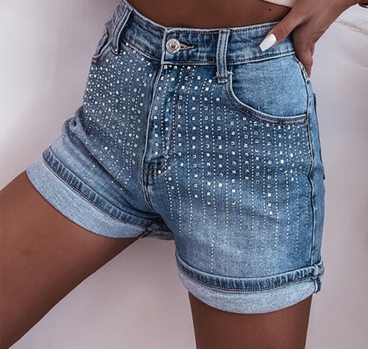 Blue Rhinestone Denim Shorts