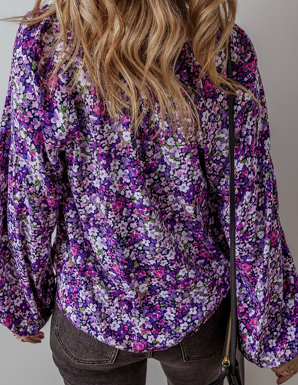 Purple Boho Flower Split V Neck Bubble Sleeve Blouse