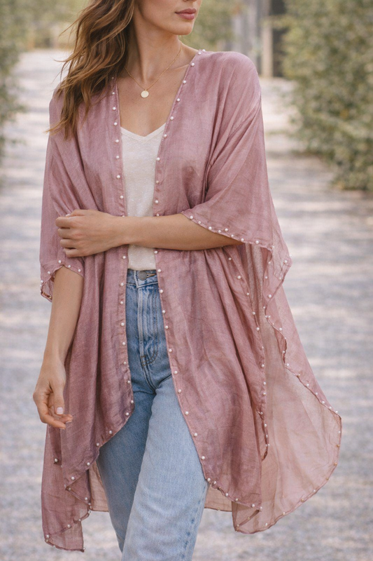 Airy Pearl-Trim Silk-Blend Layering Kimono Cover-Up