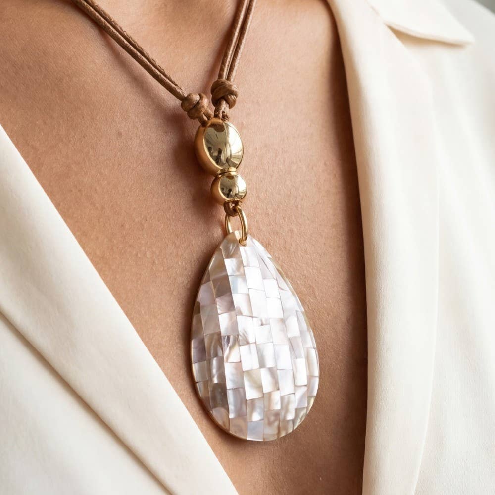 Large Mosaic Tear Drop Pendant Cord Necklace