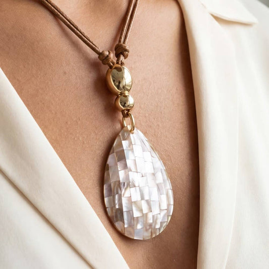 Large Mosaic Tear Drop Pendant Cord Necklace