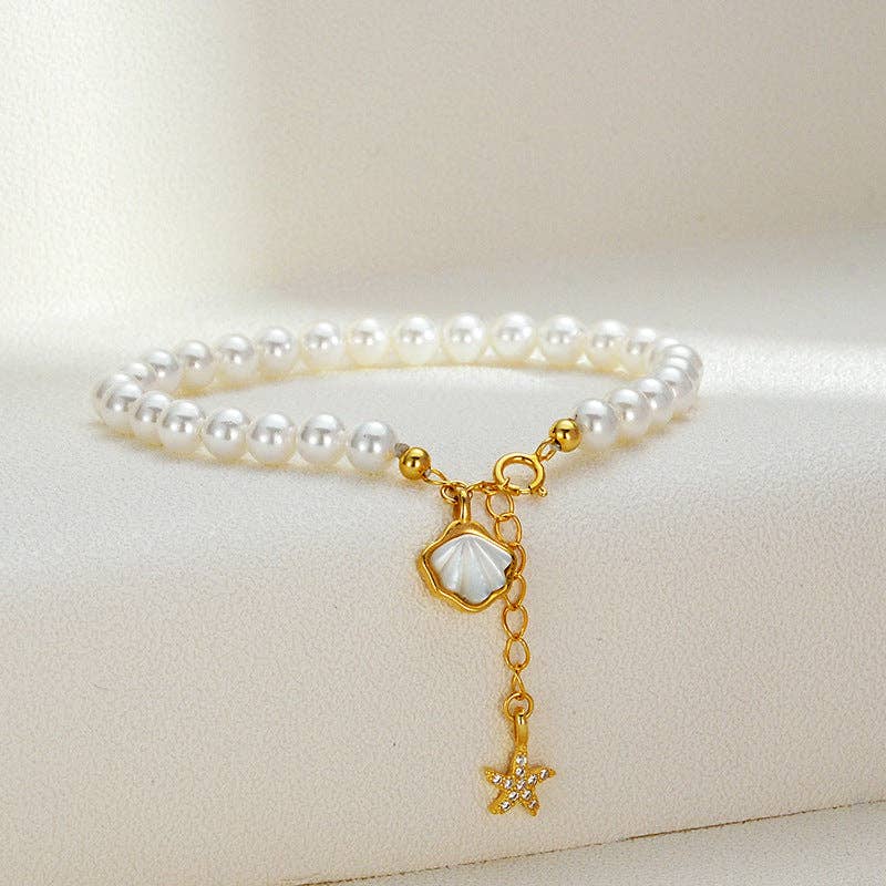 Seashell Starfish Pearl Bracelet in 925 Sterling Silver