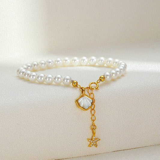 Seashell Starfish Pearl Bracelet in 925 Sterling Silver