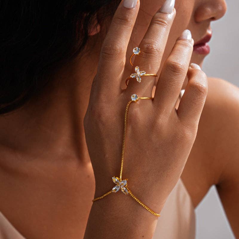Four-Petal Flower CZ Hand Chain Bracelet in Solid Copper