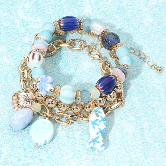 Ceramic Fish Ocean Pearl Charm Beaded Multi Layered Bracelets