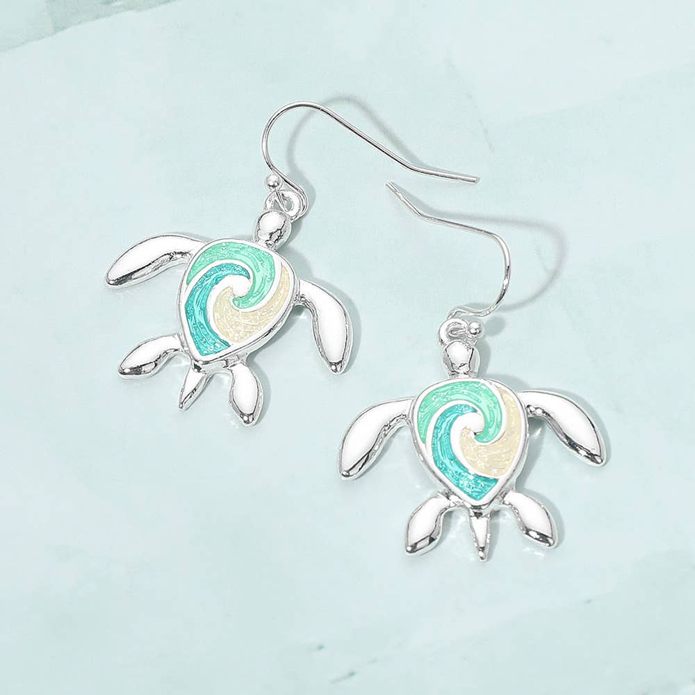 Enamel Swirl Sea Turtle Charm Drop Dangle Earrings