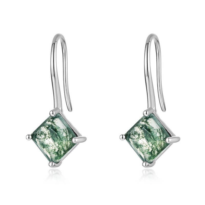 Square Moss Agate Hoop Drop Earrings in 925 Sterling Silver
