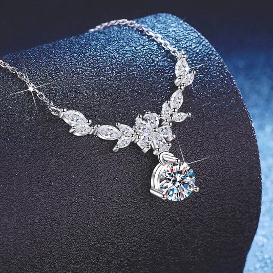 Moissanite Flower Leaf Drop Necklace in 925 Sterling Silver