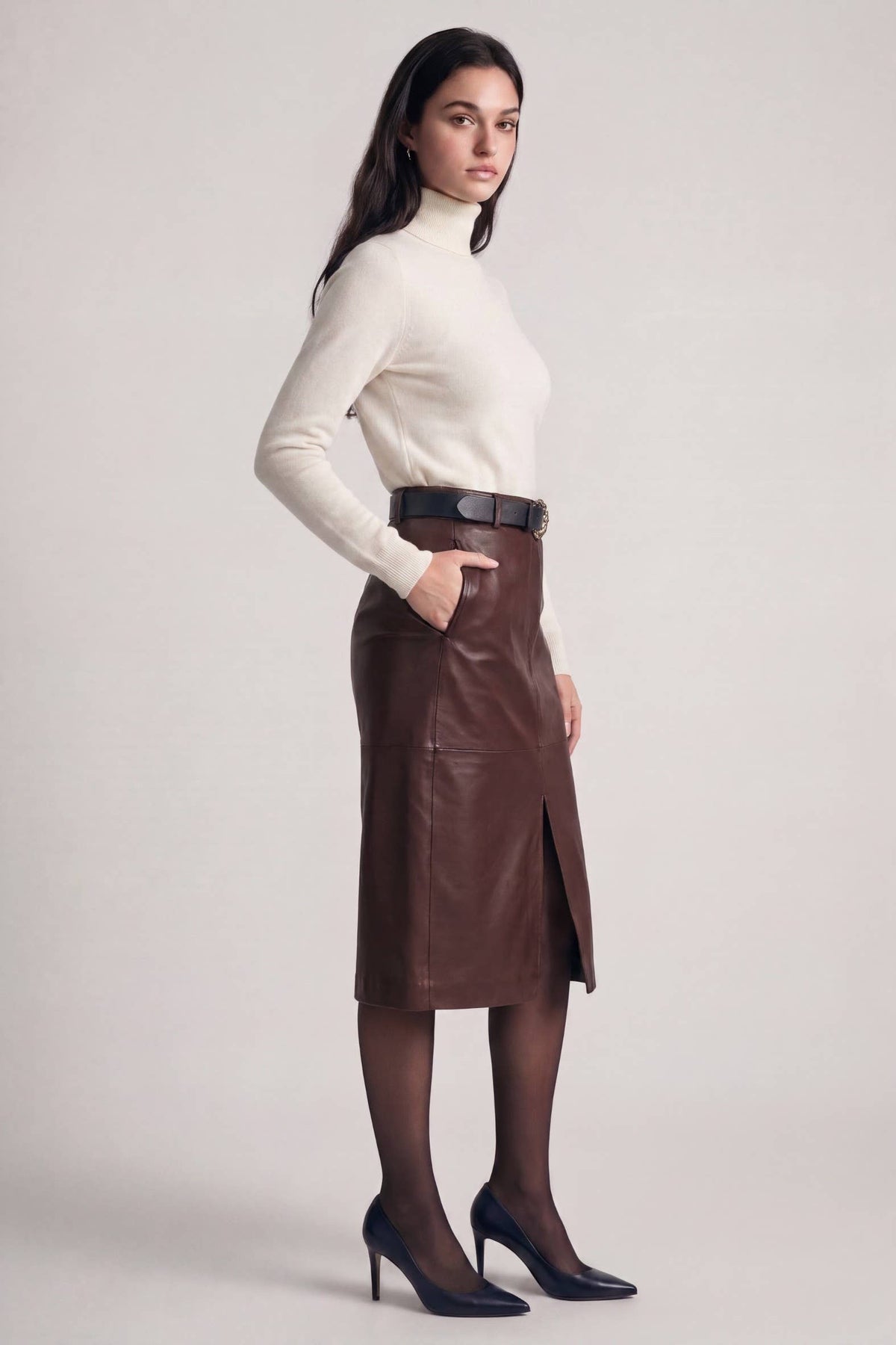 Midi Leather Skirt w/ Leather Belt