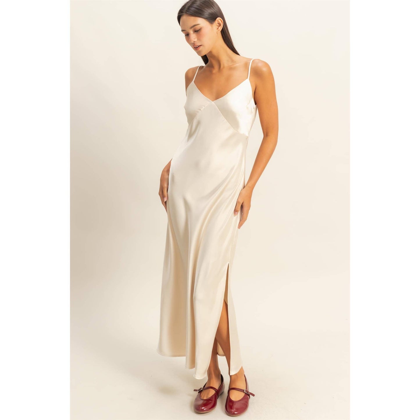 Satin Midi Dress With A Side Slit